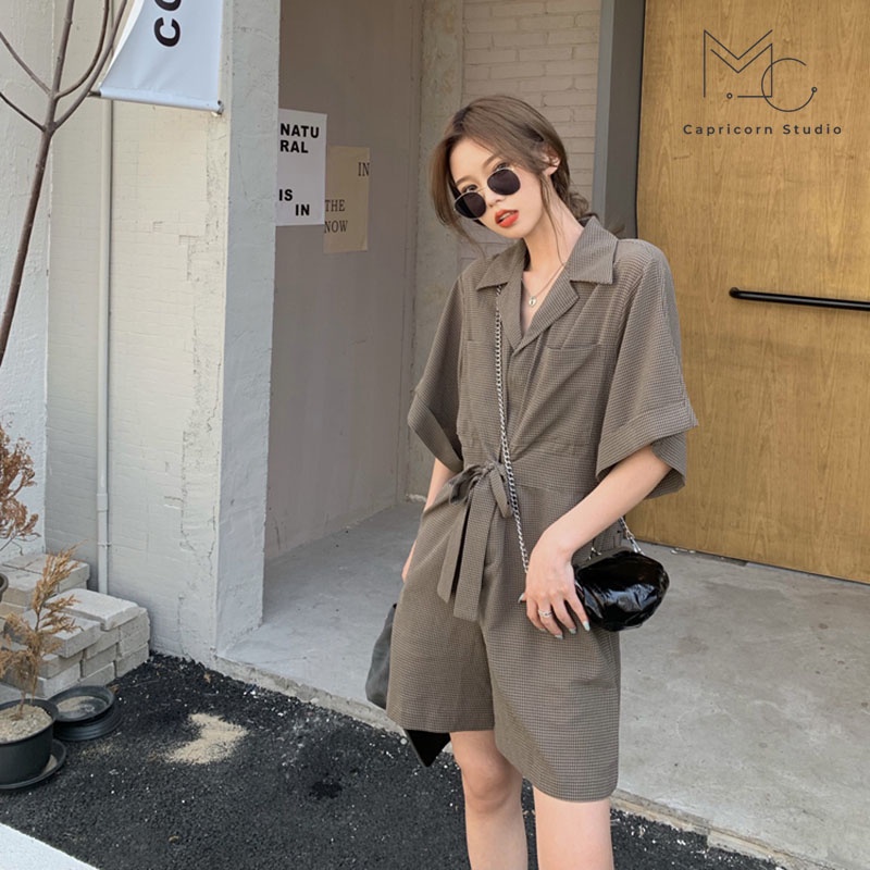 Jumpsuits buộc dây kẻ sọc màu nâu tây thiết kế ống rộng thanh lịch phong cách Ulzzang