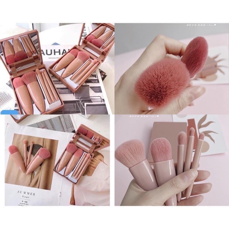 Bộ cọ trang điểm makeup cá nhân 6 món màu hồng Vintage hộp gương