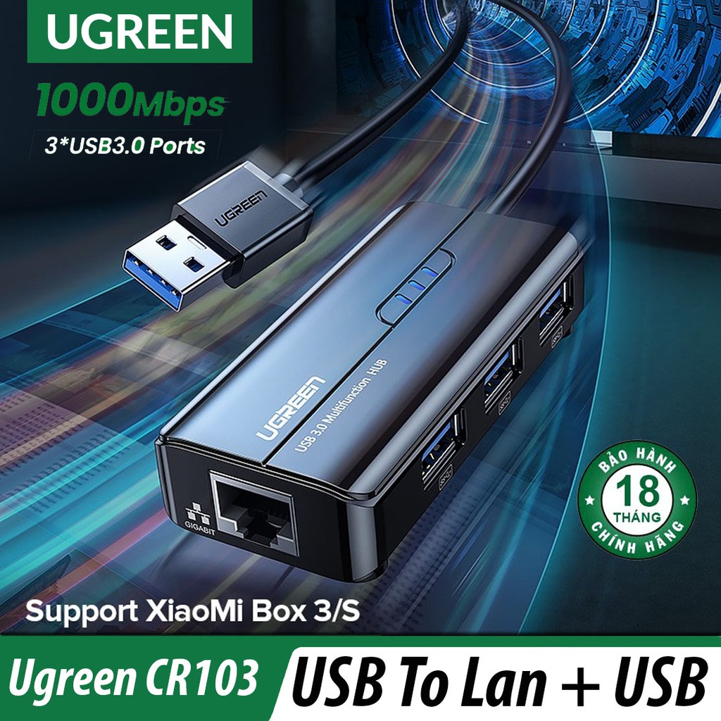 Hub Chia 3 Cổng USB 3.0 Kèm Cổng Mạng 100Mbps Ugreen Cr103