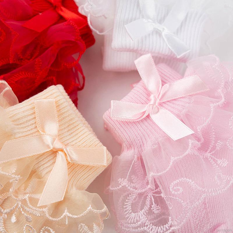 Tất cotton phối ren hoa đính nơ cho bé gái sơ sinh từ 0-1 tuổi