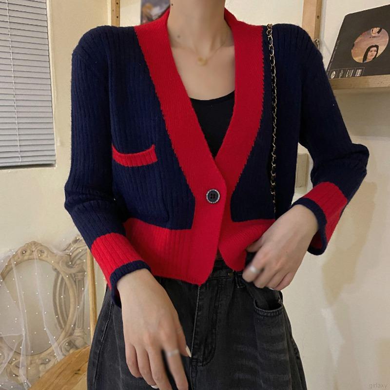 Áo Khoác Cardigan Dệt Kim Tay Dài Phối Màu Tương Phản Phong Cách Retro Hàn Quốc Cho Nữ