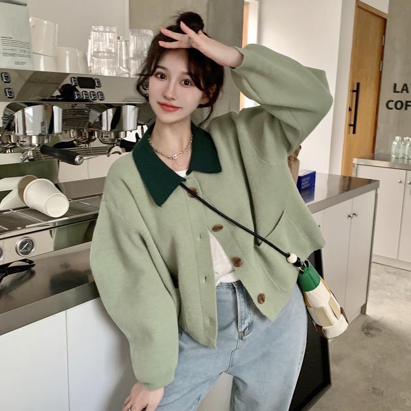 ÁO LEN CARDIGAN CROPTOP CỔ POLO MÀU XANH CÓ BIGSIZE