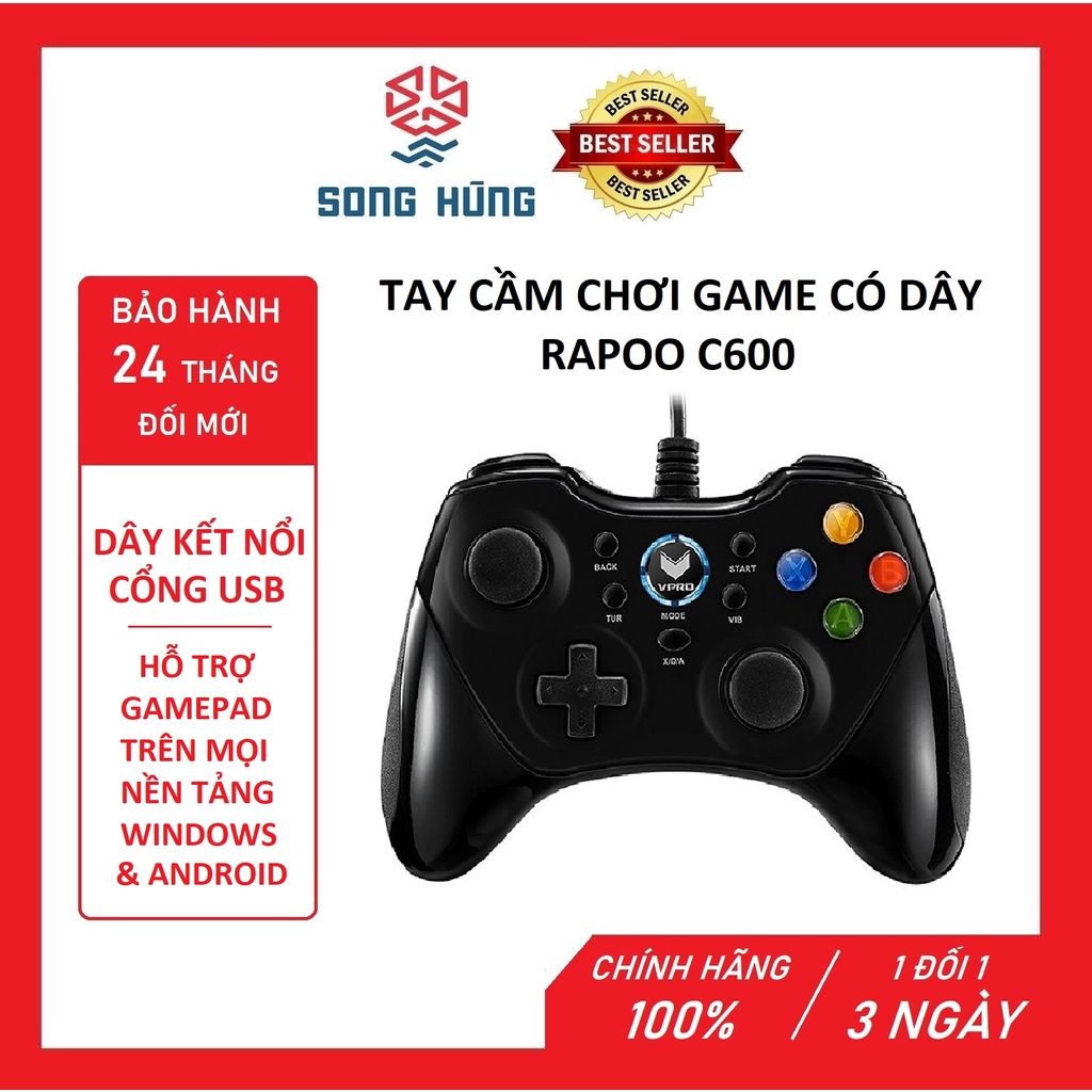 Tay cầm chơi game có dây Rapoo V600 - Cổng USB - HÀNG CHÍNH HÃNG 100% - BẢO HÀNH 24 THÁNG ĐỔI MỚI