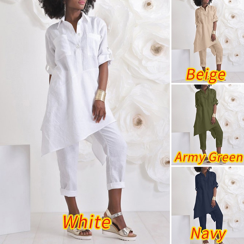 Set đồ 2 món ZANZEA gồm áo sơ mi không cân xứng kèm quần ống rộng vải cotton màu trơn phong cách vintage cho nữ