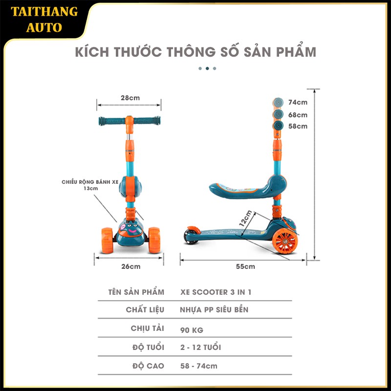 Xe trượt scooter 3 bánh cao cấp dành cho bé, phát nhạc, bánh xe phát sáng vĩnh cửu, rèn luyện vận động tăng chiều cao