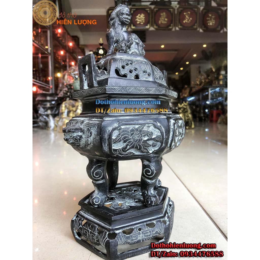 Lư Đỉnh Xông Trầm Lục Giác Hoa Văn Tùng Cúc Trúc Mai Tai Vuông Màu Đen Giả Cổ Bằng Đồng Nguyên Chất