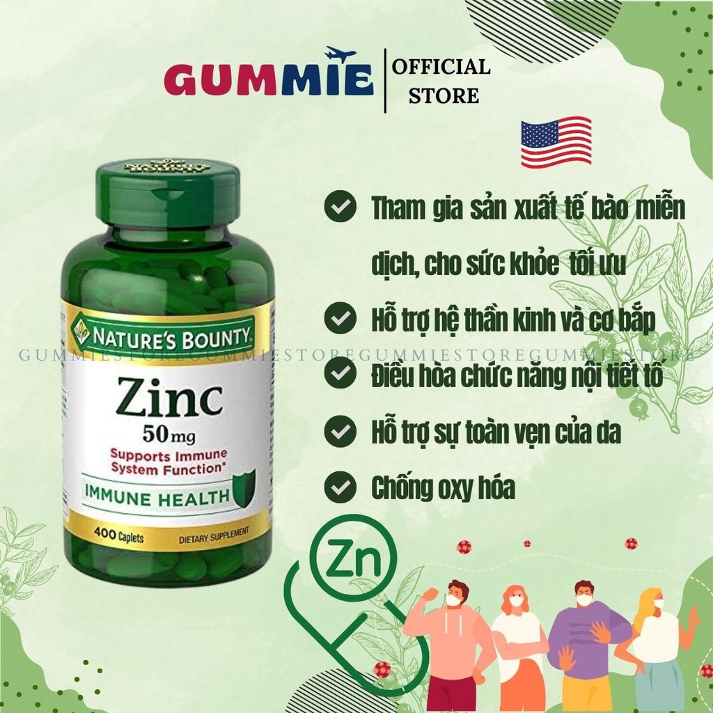 Viên uống bổ sung Kẽm Nature’s Bounty Zinc 50mg 400 viên Hàng Mỹ AUTH (date 2025) Giảm mụn Hỗ trợ Hệ miễn dịch