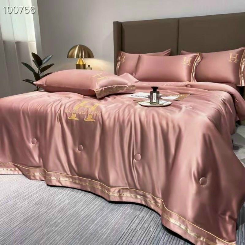 Set Chăn Ga Phi Lụa  - Hàng Trơn Thêu Chữ