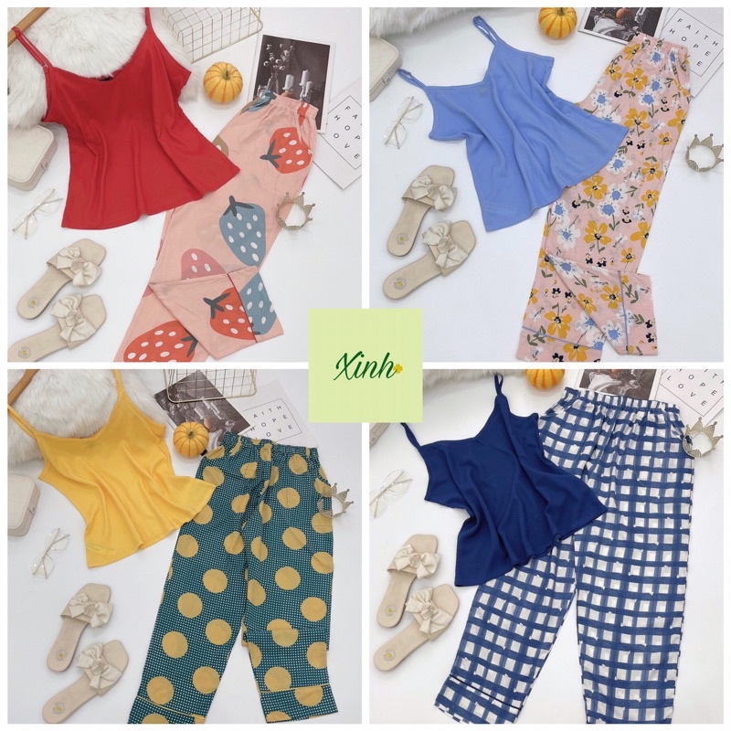 Đồ Bộ Nữ Quần Dài Áo 2 Dây Phối Màu Tole Lanh VNXK
