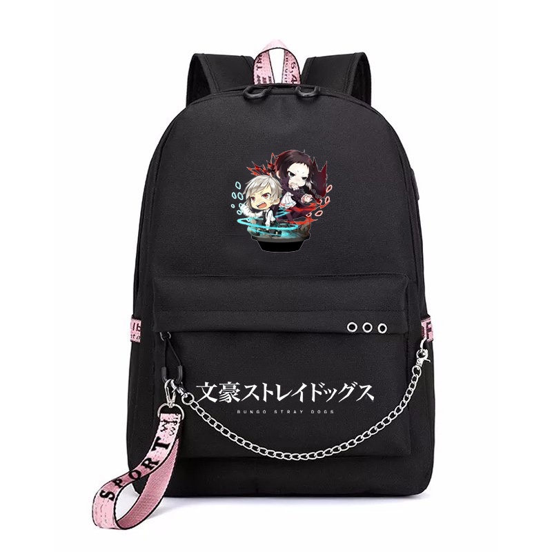 Balo thông minh đen hồng in hình Bungou Stray Dogs chibi anime cặp sách đi học