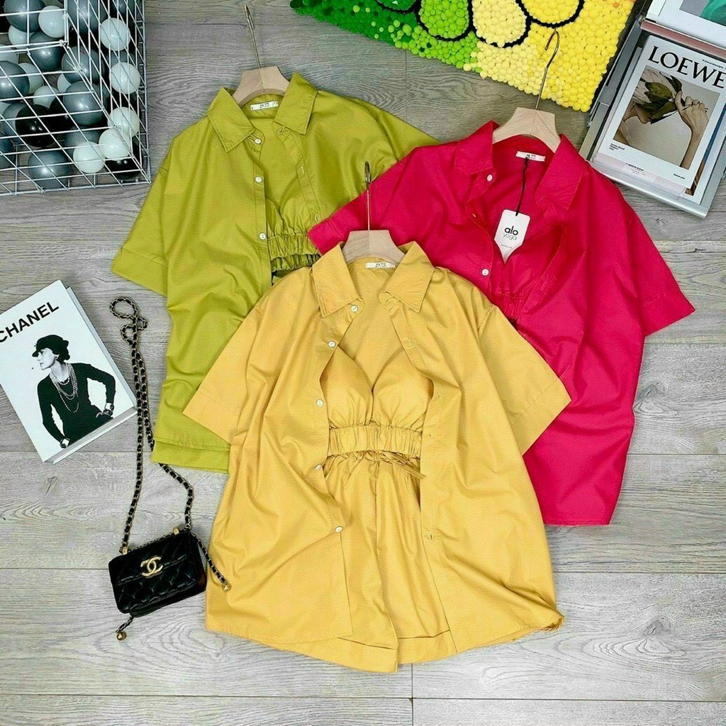 Sét bộ đồ nữ 3 món đi biển gồm 1 áo 2 dây bên trong ( có mút ) phối áo sơ mi ngoài mix quần cộc ống rộng vải mát