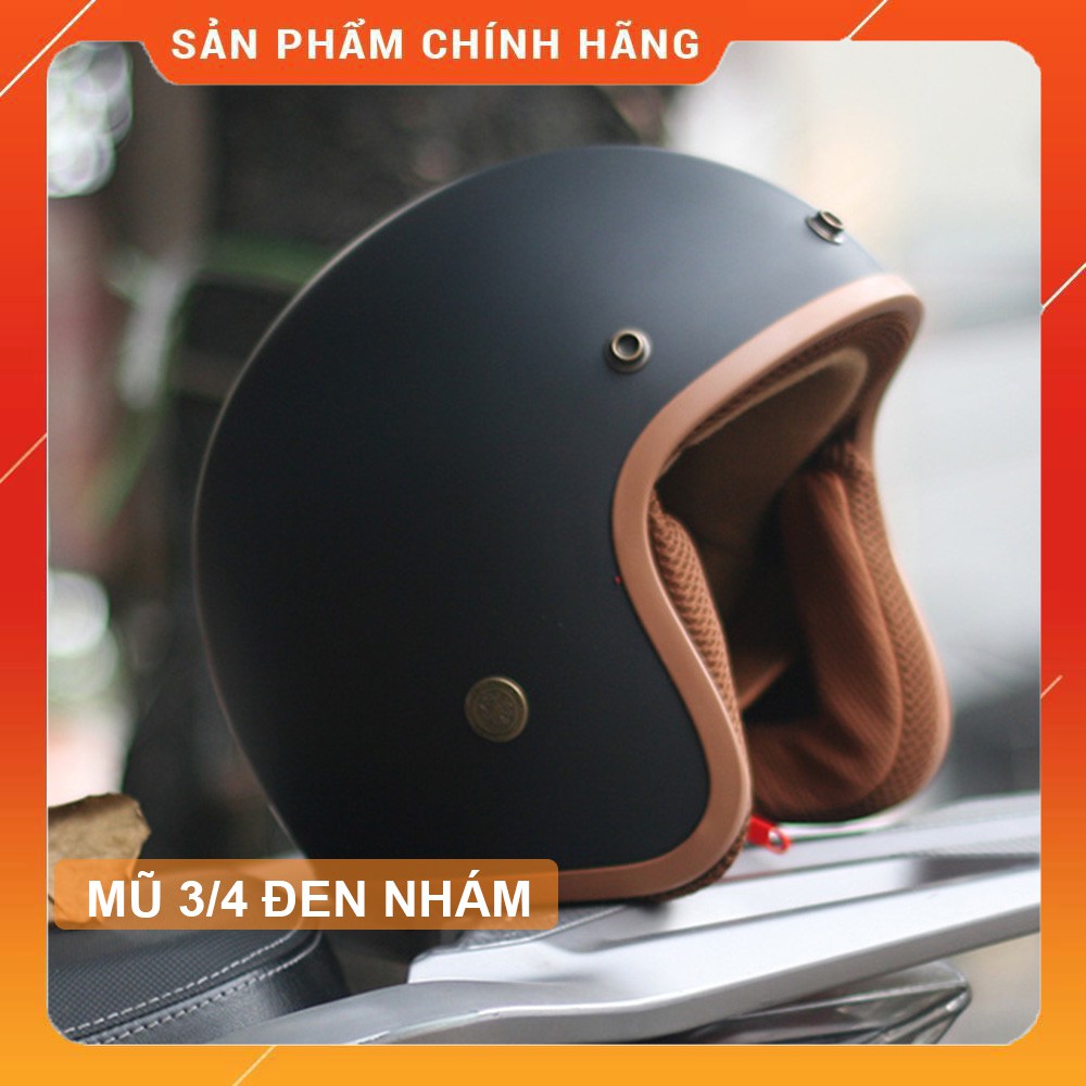 Nón bảo hiểm 3/4 đen trơn nhám viền nâu - Mũ 3/4 bán chạy tại shop