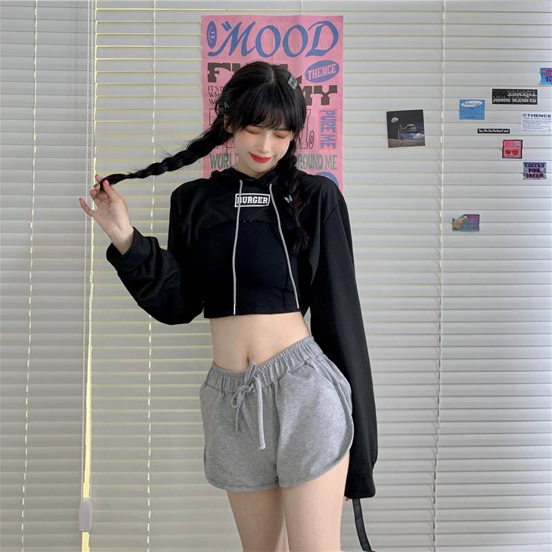 Áo khoác croptop nu Set Áo Hoodie Dài Tay Form Rộng + Quần Short Thời Trang Hip Hop