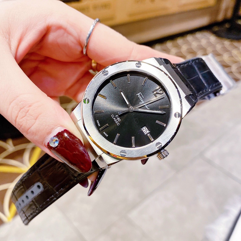 Bảo Hành 12 Tháng Đồng Hồ Cặp Đôi Nam Nữ Ferragamo F80 Dây Da Cao Su Màu Đen - Size 41mm - 33mm - Máy Quartz
