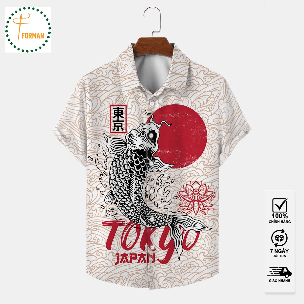 Áo sơ mi nam họa tiết cá chép Nhật Bản, Tokyo Japan, sơ mi cộc tay, áo đi biển mùa hè thoáng mát