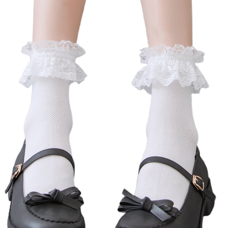 Vớ cotton màu trơn viền ren xếp nếp bên trên phong cách Harajuku kiểu đồng phục Lolita Nhật Bản dễ thương cho bạn gái