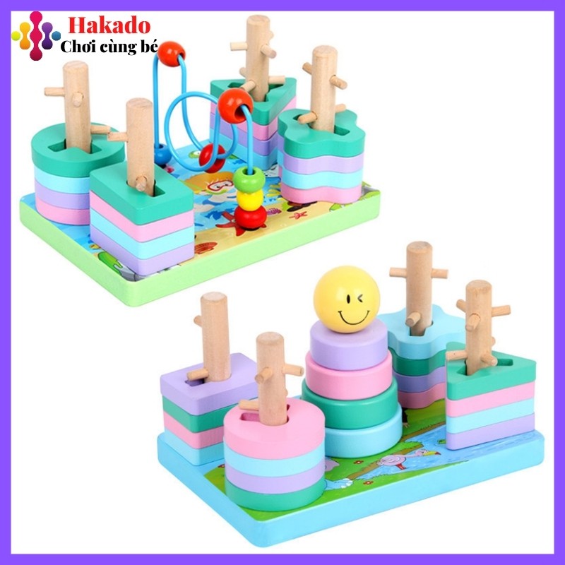 Đồ chơi gỗ 2 trong 1 luồn cọc thả hình và luồn hạt, luồn cọc thả hình và tháp cầu vồng