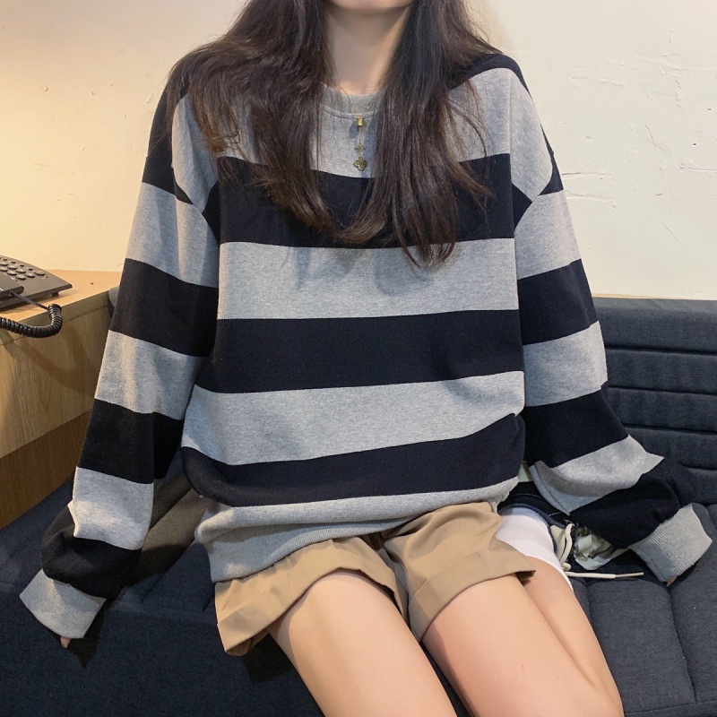 Áo sweater tay dài cổ tròn kẻ sọc thời trang retro cá tính