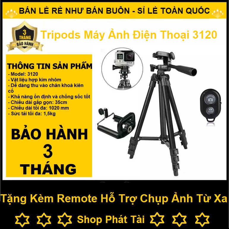 Gậy Tripod 3120, Tặng Kèm Romote Bluetooth Và Kẹp Điện Thoại - Gậy Siêu Bền