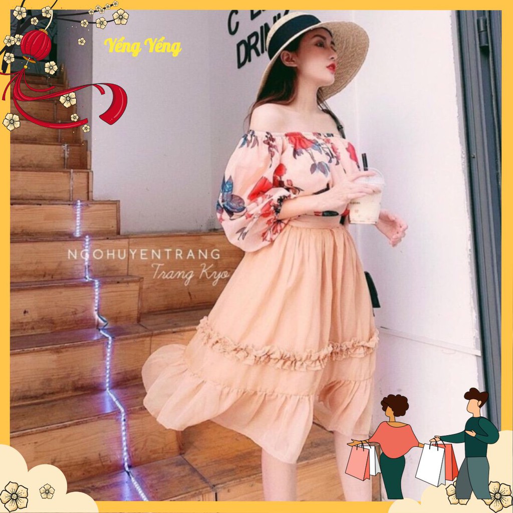 Set áo trễ vai và chân váy tiểu thư