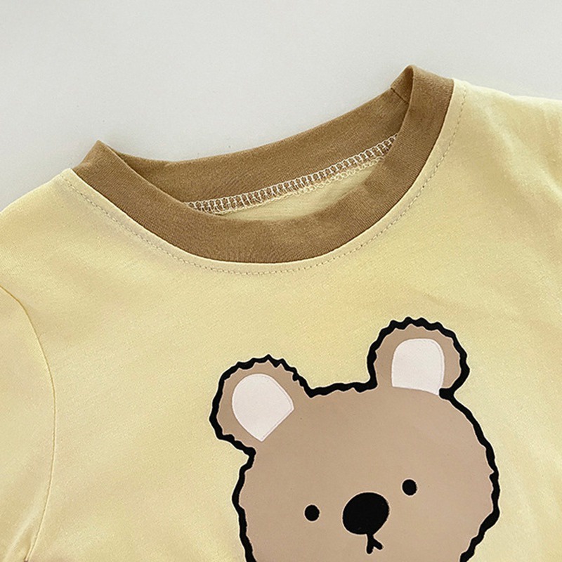 Bộ Áo Liền Quần Tay Ngắn Chất Cotton Mỏng Nhẹ In Họa Tiết Hoạt Hình Chú Gấu Phong Cách Hàn Quốc Thời Trang Cho Bé Trai Và Gái