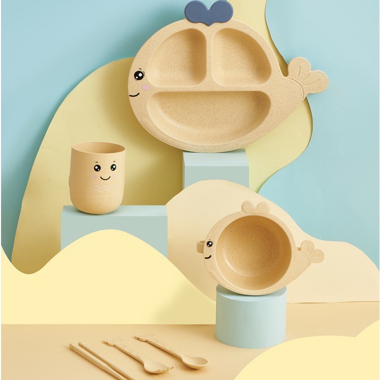 SET Bộ 6 món khay - bát ăn - cốc tập ăn cho bé hình Cá Heo