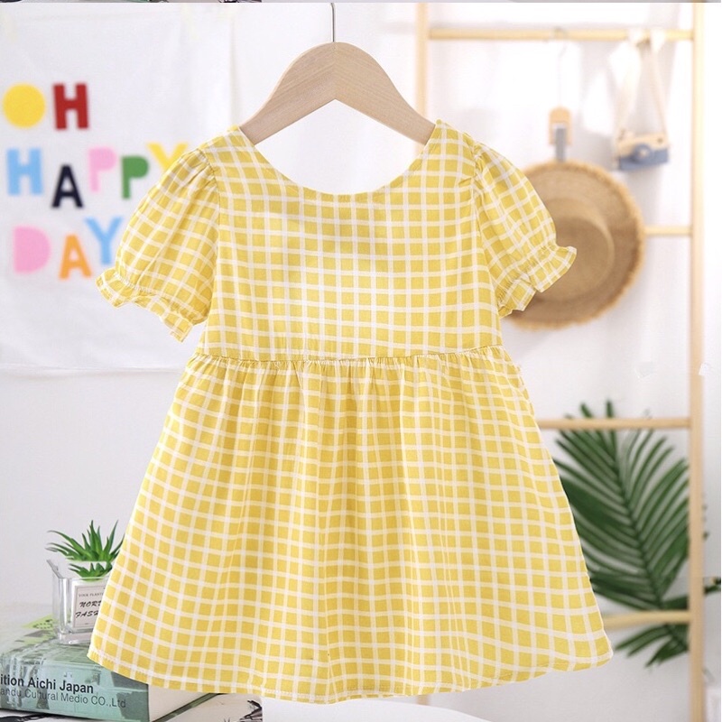 Váy Mùa Hè Vải Lanh Cho Bé Gái Tay Bồng Đáng Yêu