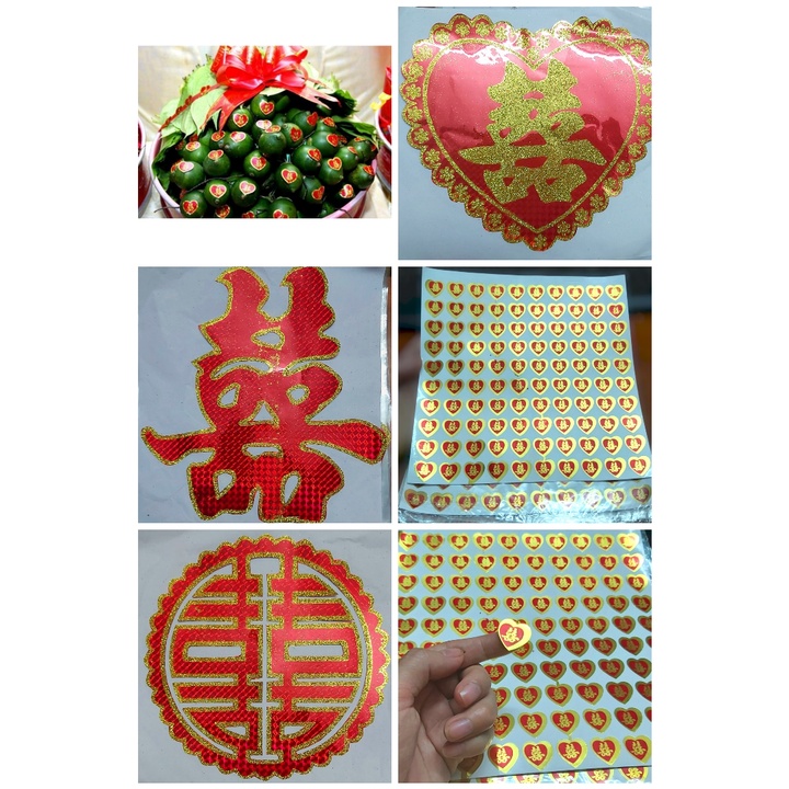 Bộ STICKERS DECAL CHỮ SONG HỶ DÁN TRẦU CAU, TRÁI CÂY, TRÀ RƯỢU, XE CƯỚI