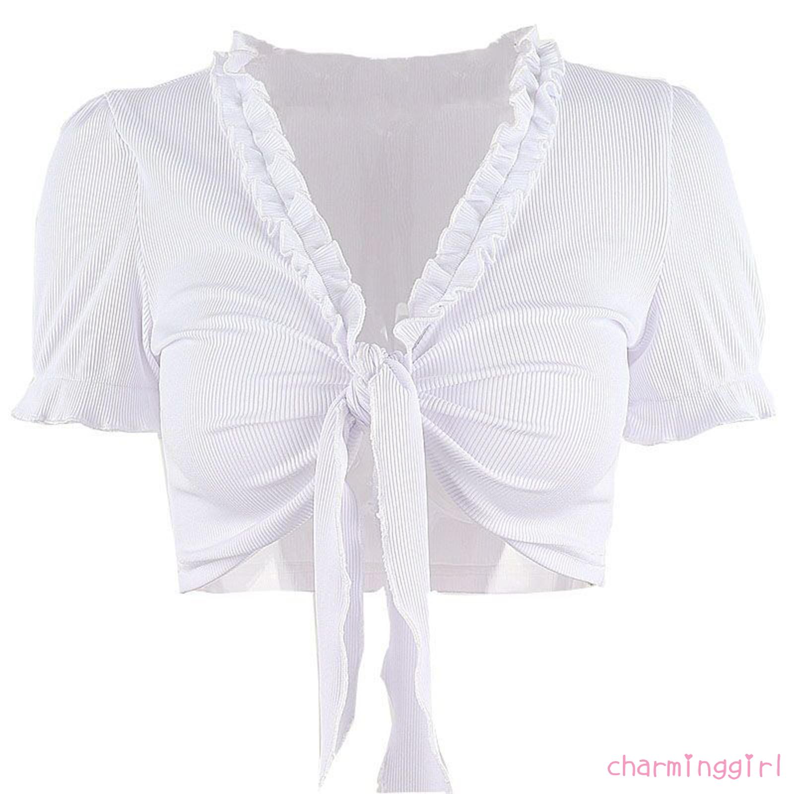 Áo thun croptop tay ngắn cổ chữ V sâu gợi cảm cột dây phía trước màu trơn dành cho bạn nữ | BigBuy360 - bigbuy360.vn