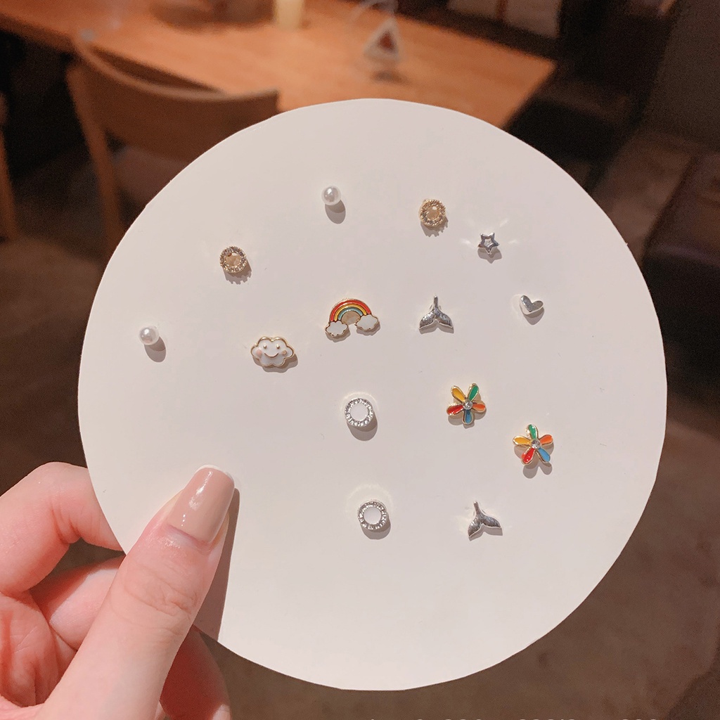 Set 7 đôi bông tai bạc S925 thời trang Hàn Quốc 2022