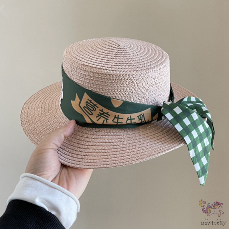 Mũ cói bé gái phối ruy băng cột nơ thời trang phong cách Hàn Quốc