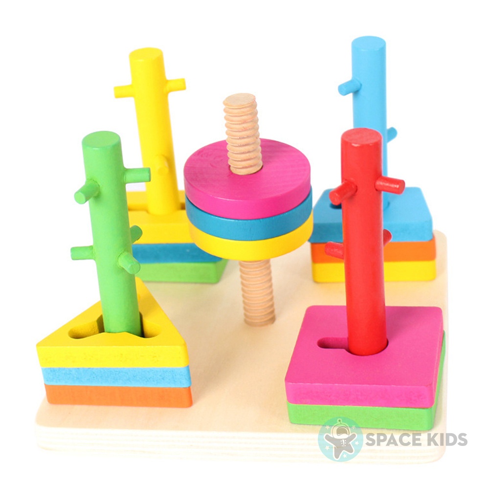 Đồ chơi gỗ thông minh Tháp thả hình khối 5 cột zigzag cho bé, Đồ chơi giáo dục montessori Space Kids