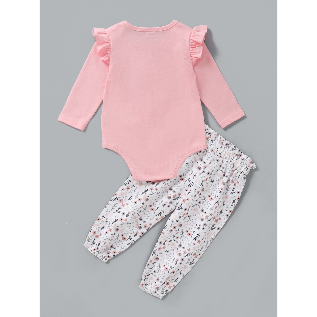 Bộ 2 món Áo liền quần MIKRDOO dài tay hình thỏ và Quần hoa cotton dài dễ thương cho bé gái tập đi