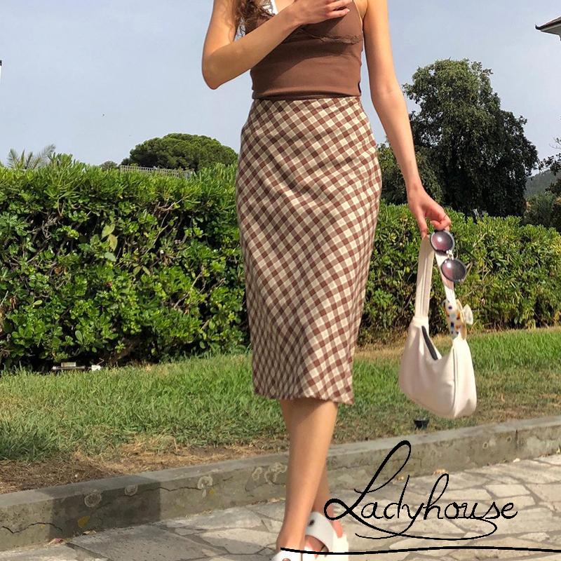 Chân váy dài lưng cao in họa tiết caro màu nâu thời trang size S/ M/ L cho nữ
