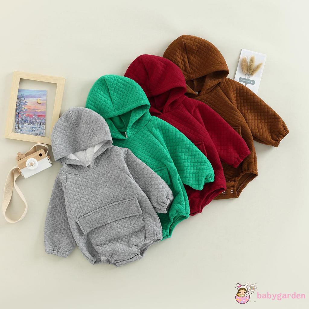 Bộ Áo Liền Quần Dài Tay Có Mũ Trùm Màu Trơn Phối Túi Trước Thời Trang Thu Đông Cho Bé Từ 0-24 Tháng Tuổi