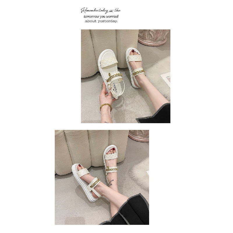 Giày Sandal Đế Bằng Phối Dây Xích Thời Trang Xuân Hè Xinh Xắn Cho Nữ