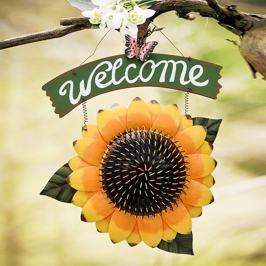 Welcome Sign Sunflower Decor Outdoor For Wall Cafe Store Wreath Decorative
