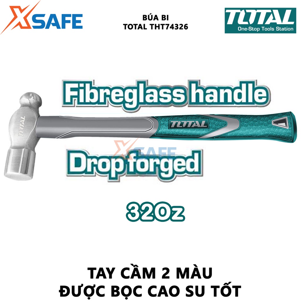 Búa đầu tròn TOTAL THT74326 900g Búa cầm tay đầu bi mini rèn nguyên khối carbon 45#, chịu nhiệt, tay cầm kiểu dáng mảnh