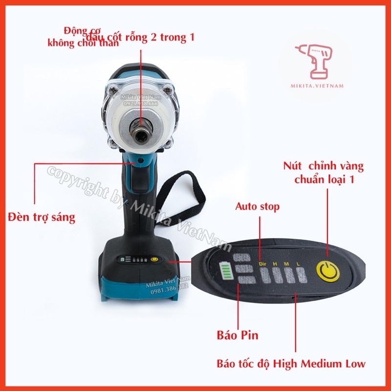 Máy siết bulong Makita 198V động cơ không chổi than 3 chức năng khoan tường, bắn vít, siết ốc + Tặng Full phụ kiện