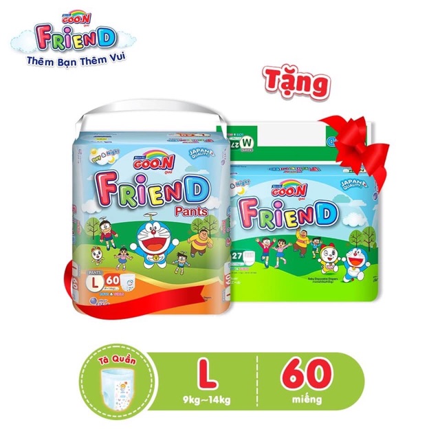 [ mua 1 được 2] tã bỉm quần goon Friend gói siêu đại M68 tặng M27/L60+23m/XL52+20m