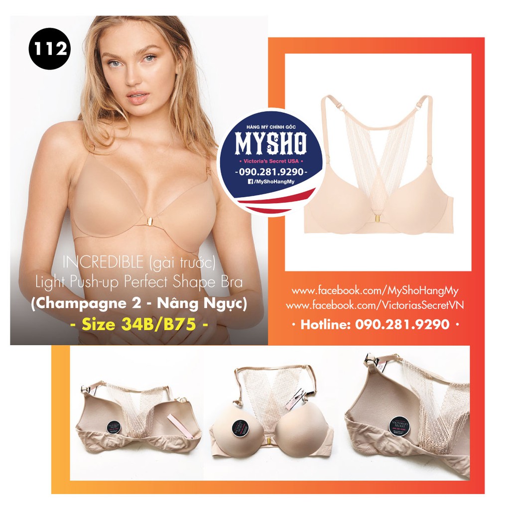 (Hàng Mỹ) 34B/B75 - Áo nude sáng Champage (112) dòng Incredible gài trước, nâng ngực - Victoria's Secret