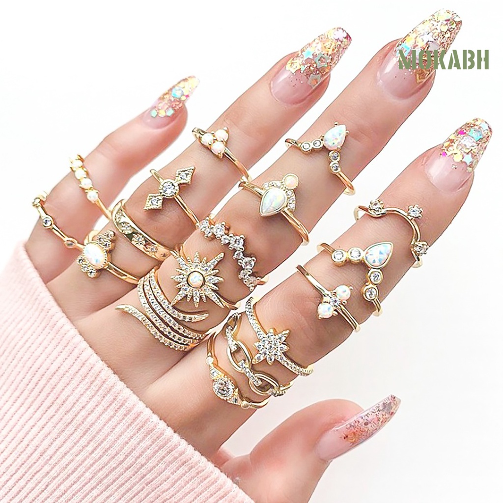 Bộ 17 Nhẫn Đính Đá Nhân Tạo Phong Cách Bohemian Thời Trang