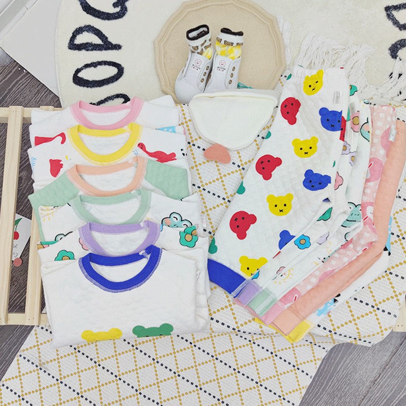 Bộ đồ ngủ 2 món tay dài ba lớp cotton giữ ấm in họa tiết hoạt hình cho bé trai bé gái