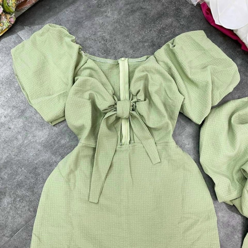 Váy xanh nơ ngưc , đầm nữ đẹp tay bo phồng, váy nữ cao cấp | BigBuy360 - bigbuy360.vn