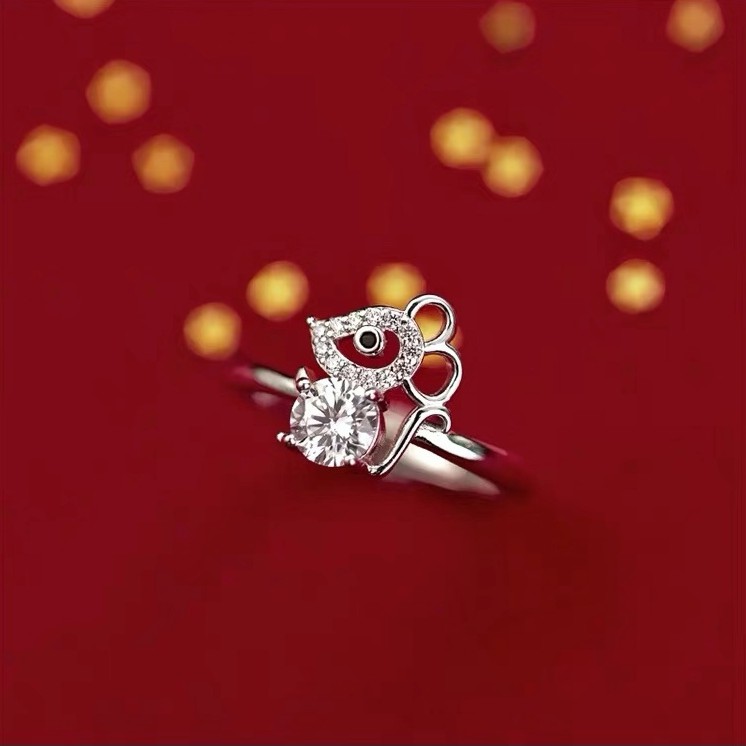 Nhẫn Đính Đá Zircon Hình Chuột Hoàng Đạo Dễ Thương Có Thể Điều Chỉnh Kích Thước Phong Cách Nhật Hàn