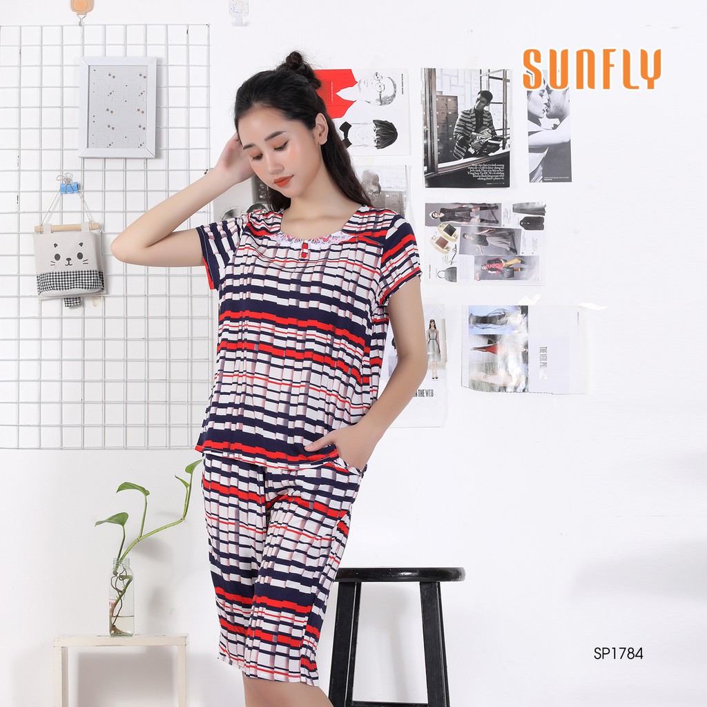 Bộ đồ lanh mặc nhà SUNFLY xuân hè áo cộc, quần lửng SP1784