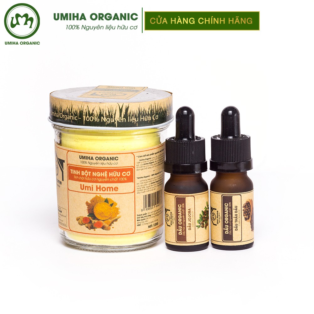 Combo đắp mặt UMIHA dưỡng trắng da và dưỡng da chuyên sâu với dầu JoJoba 10ml và Tinh Bột Nghệ 125g. Tặng dầu Thầu Dầu