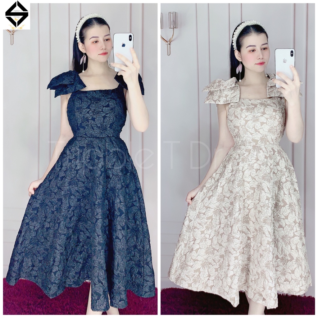Đầm xoè dự tiệc nơ vai sang chất gấm xốp vân hoa nổi sang trọng TRIPBLE T DRESS - size M/L - MS226V