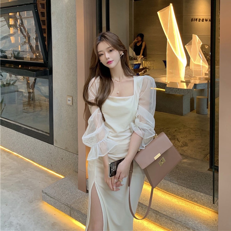 Đầm cổ vuông tay dài loe ở cổ áo vải voan váy dài xẻ tà sexy thanh lịch trưởng thành cho các nàng