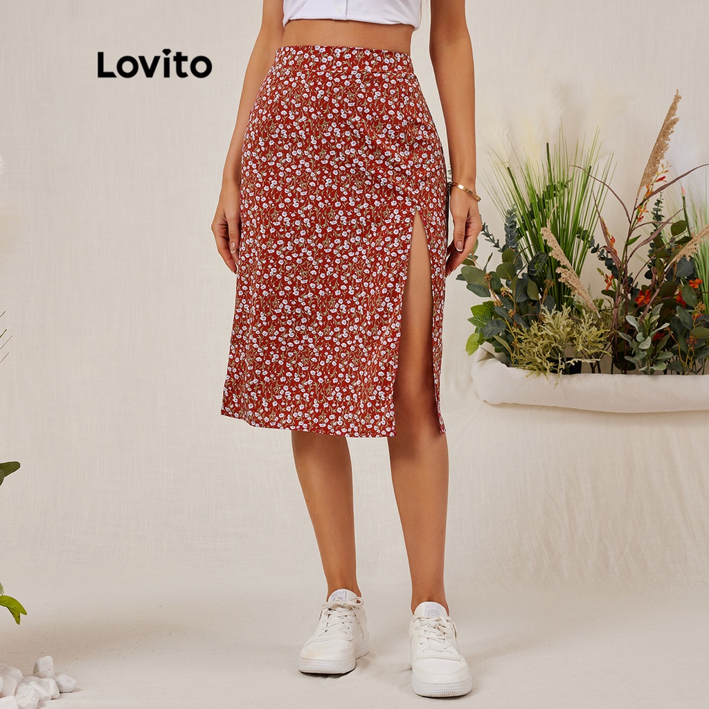 Chân váy Lovito xẻ tà họa tiết hoa thường ngày L18D019 (Màu đỏ)